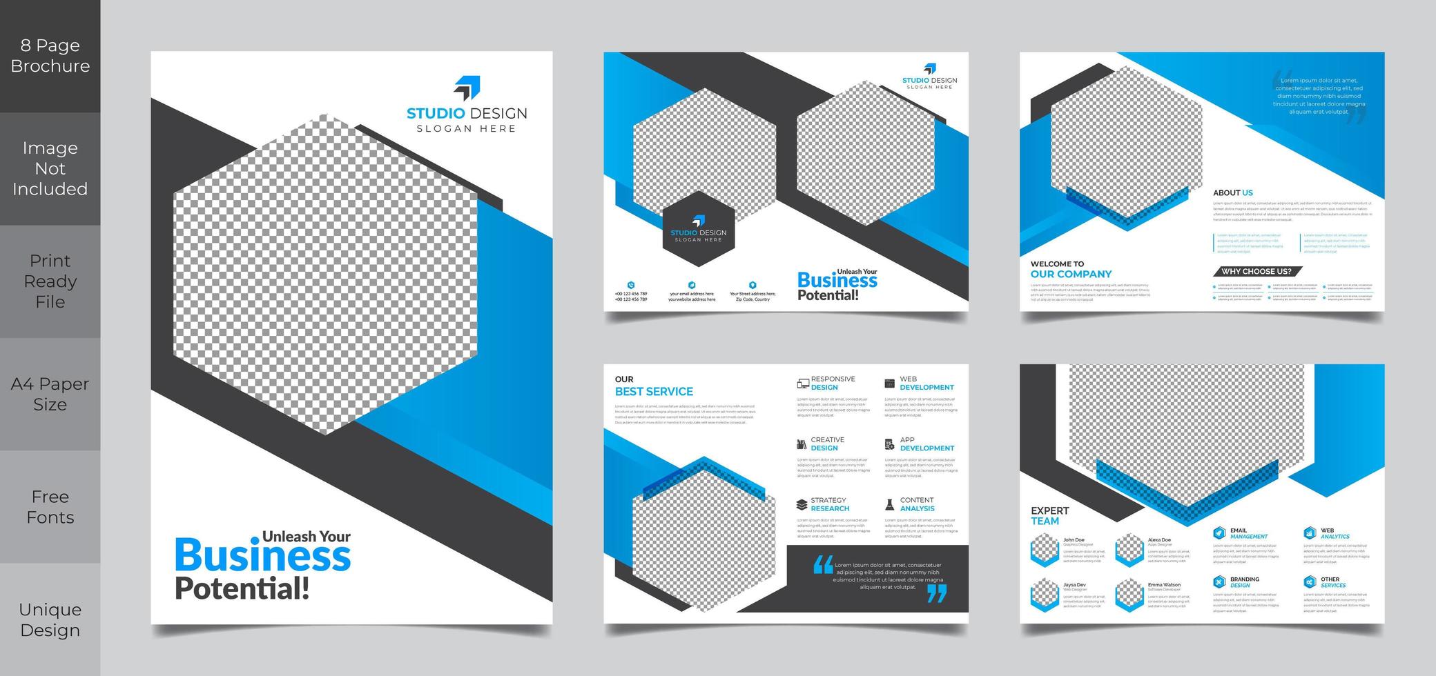8 pagina's tellende blauwe brochure sjabloonontwerp vector
