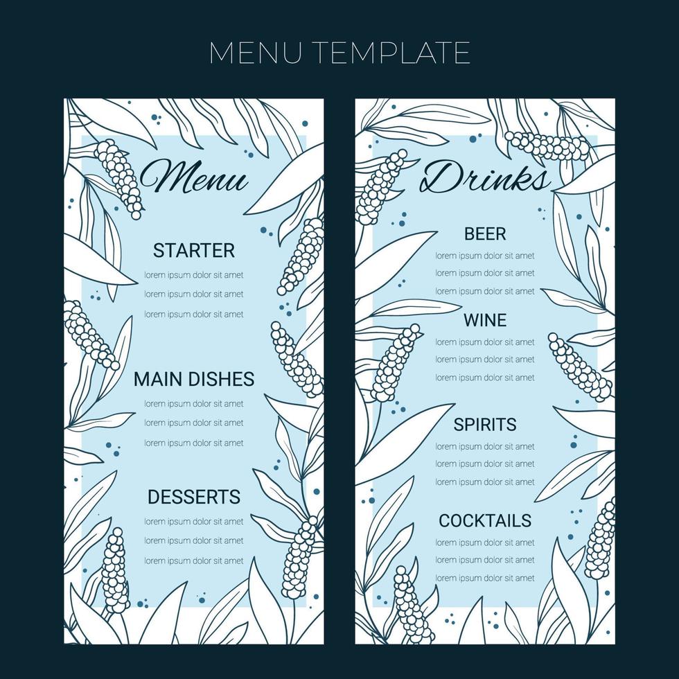 bloemen bruiloft menusjabloon in de hand getrokken doodle stijl, uitnodigingskaart ontwerp met lijn bloemen en bladeren, stippen. vector Decoratief frame op witte en blauwe achtergrond.