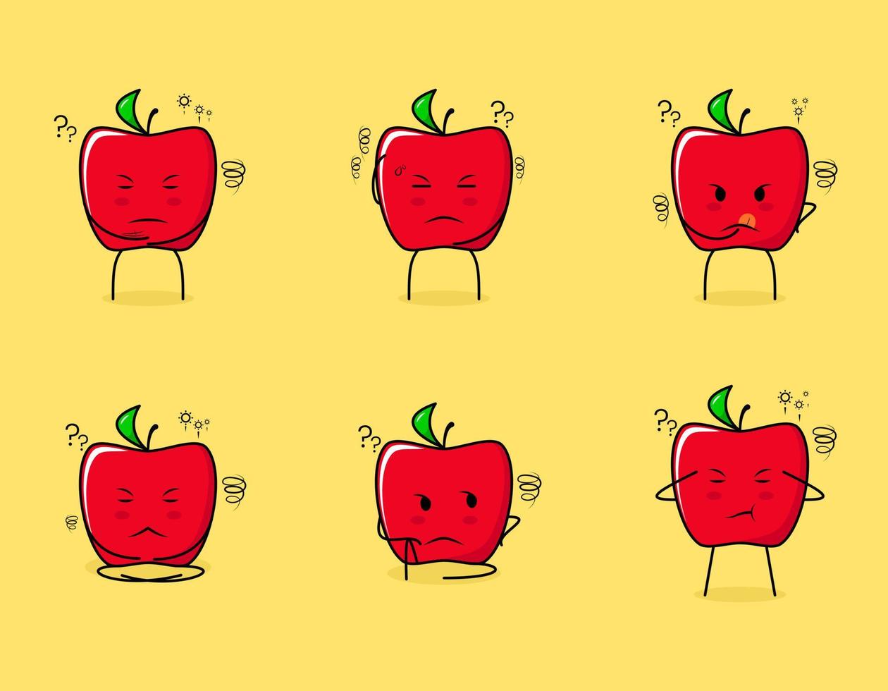 set van schattige rode appel karakter met denkende uitdrukkingen. geschikt voor emoticon, logo, symbool en mascotte vector