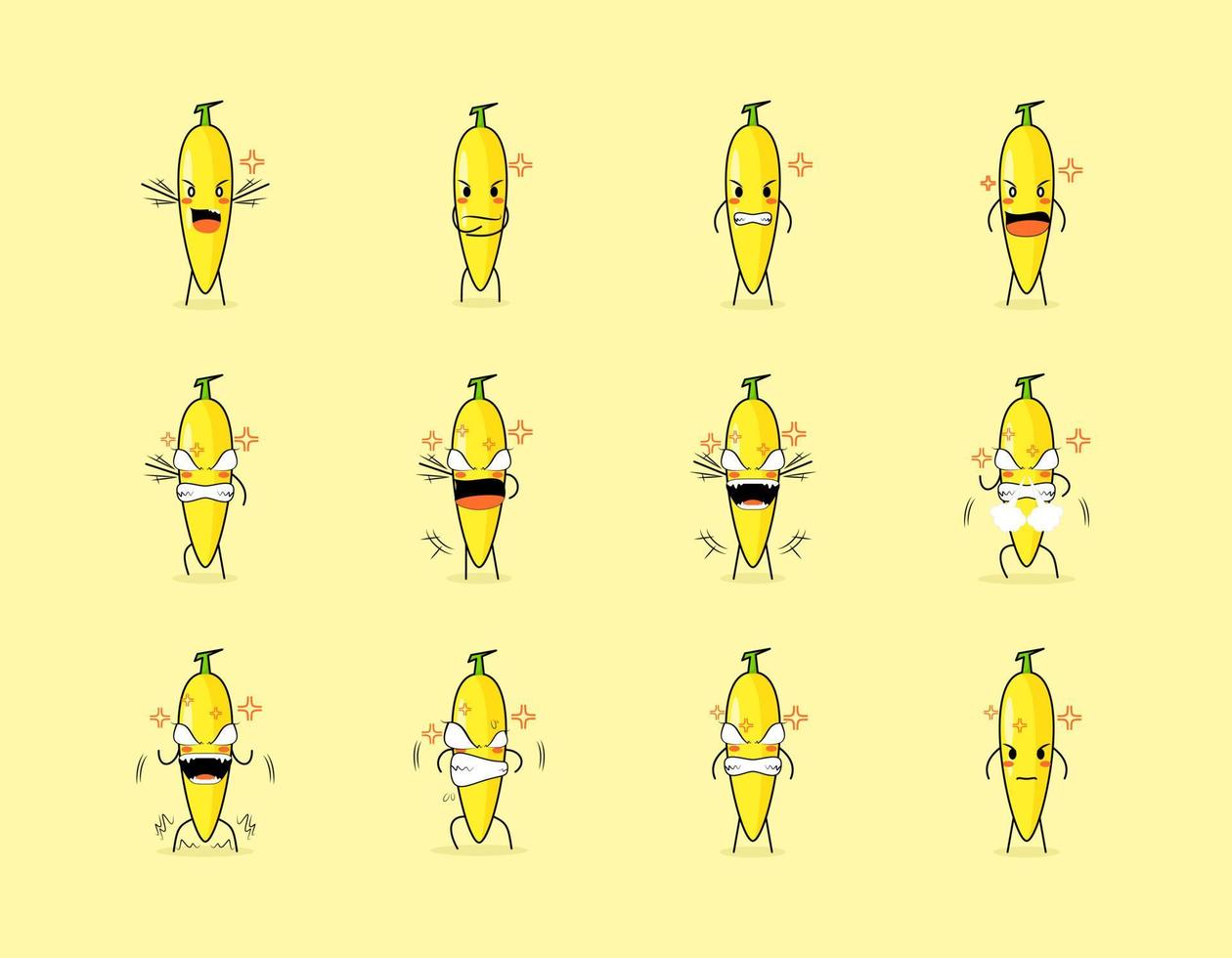 set van schattige banaan stripfiguur met boze uitdrukking. geschikt voor emoticon, logo, symbool en mascotte vector