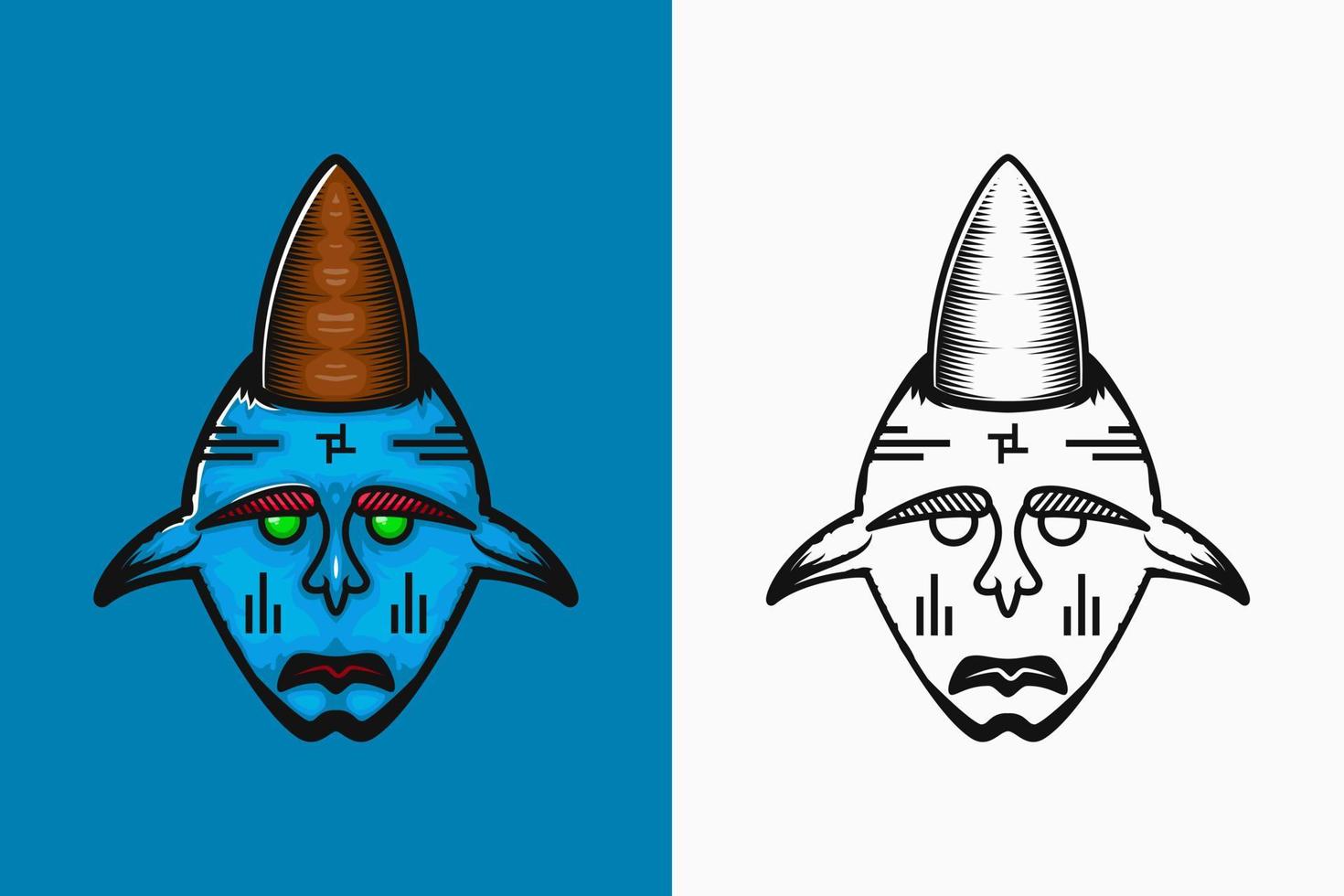 illustratie van blauwe demon met droevige uitdrukking. kleur en lijn kunststijl. geschikt voor mascotte, logo of t-shirtontwerp vector