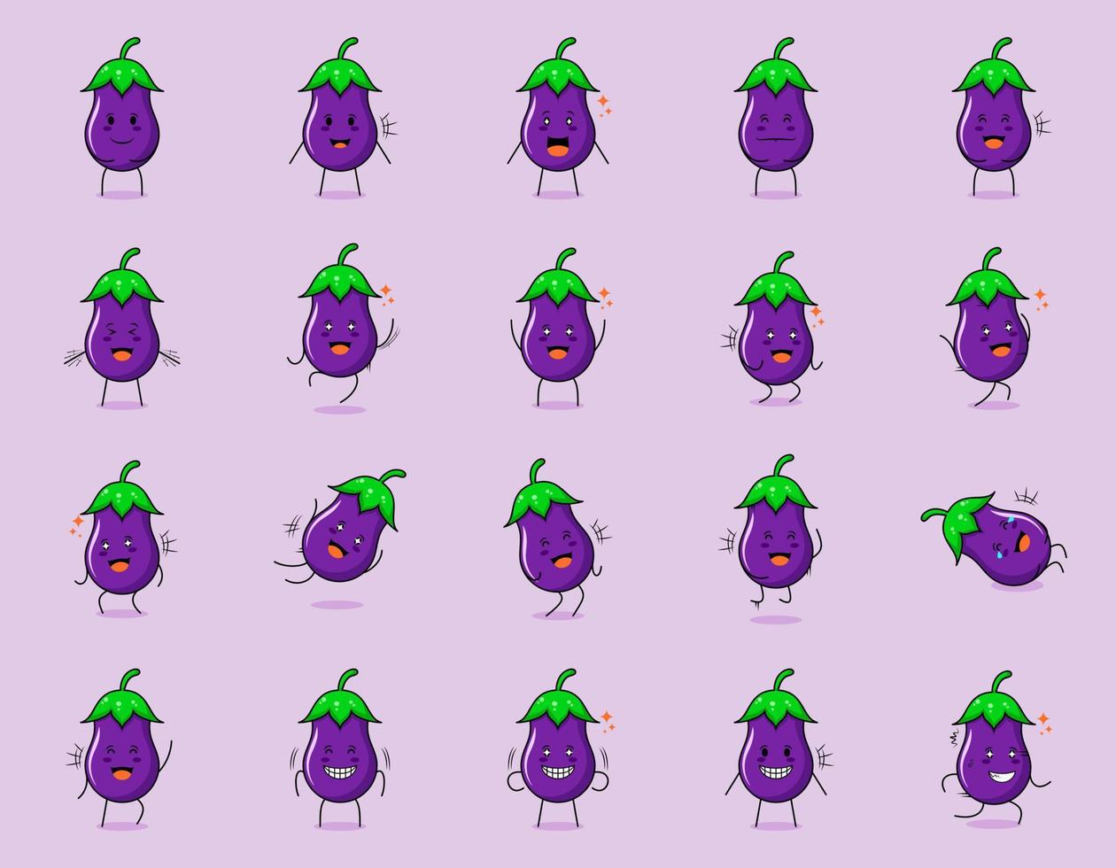 verzameling van schattige aubergine stripfiguur met blije en glimlach expressie. geschikt voor emoticon, logo, symbool en mascotte. zoals emoticon, sticker of groentelogo vector