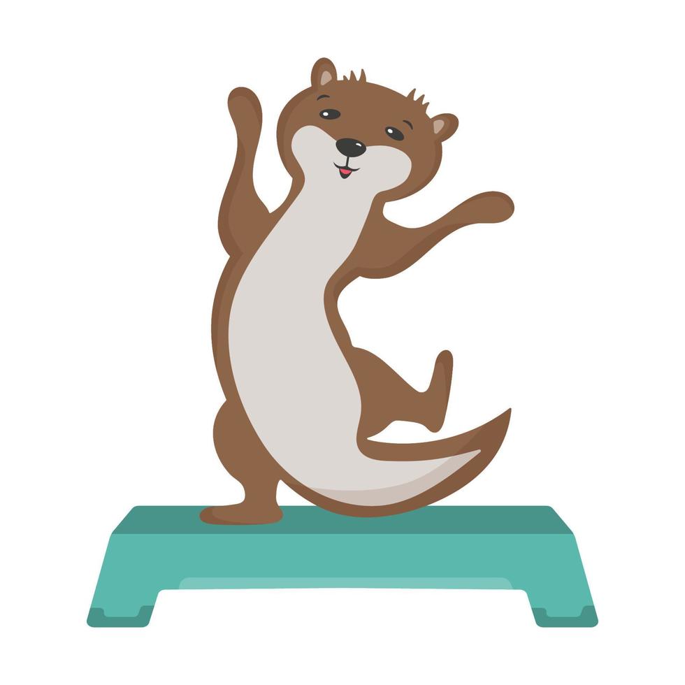 de otter danst op de trede. stap aerobics. gezonde levensstijl, fysieke cultuur, sport. schattig karakter voor de sportafdeling van kinderen. vector