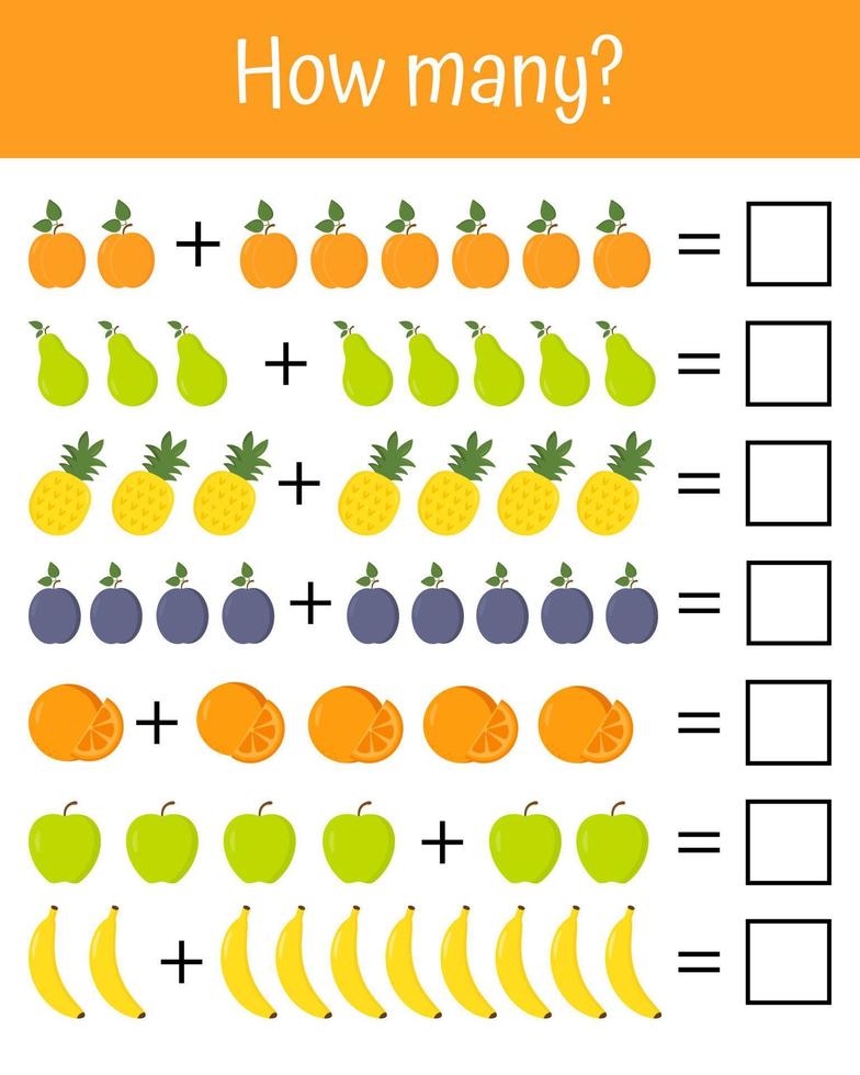 vermenigvuldigen leren. voorschoolse kleuterschool en schoolwerkbladactiviteit, tel en schrijf het resultaat. werkblad voor schoolkinderen. wiskundespel met fruit voor kinderen, eenvoudig niveau, educatief spel. vector