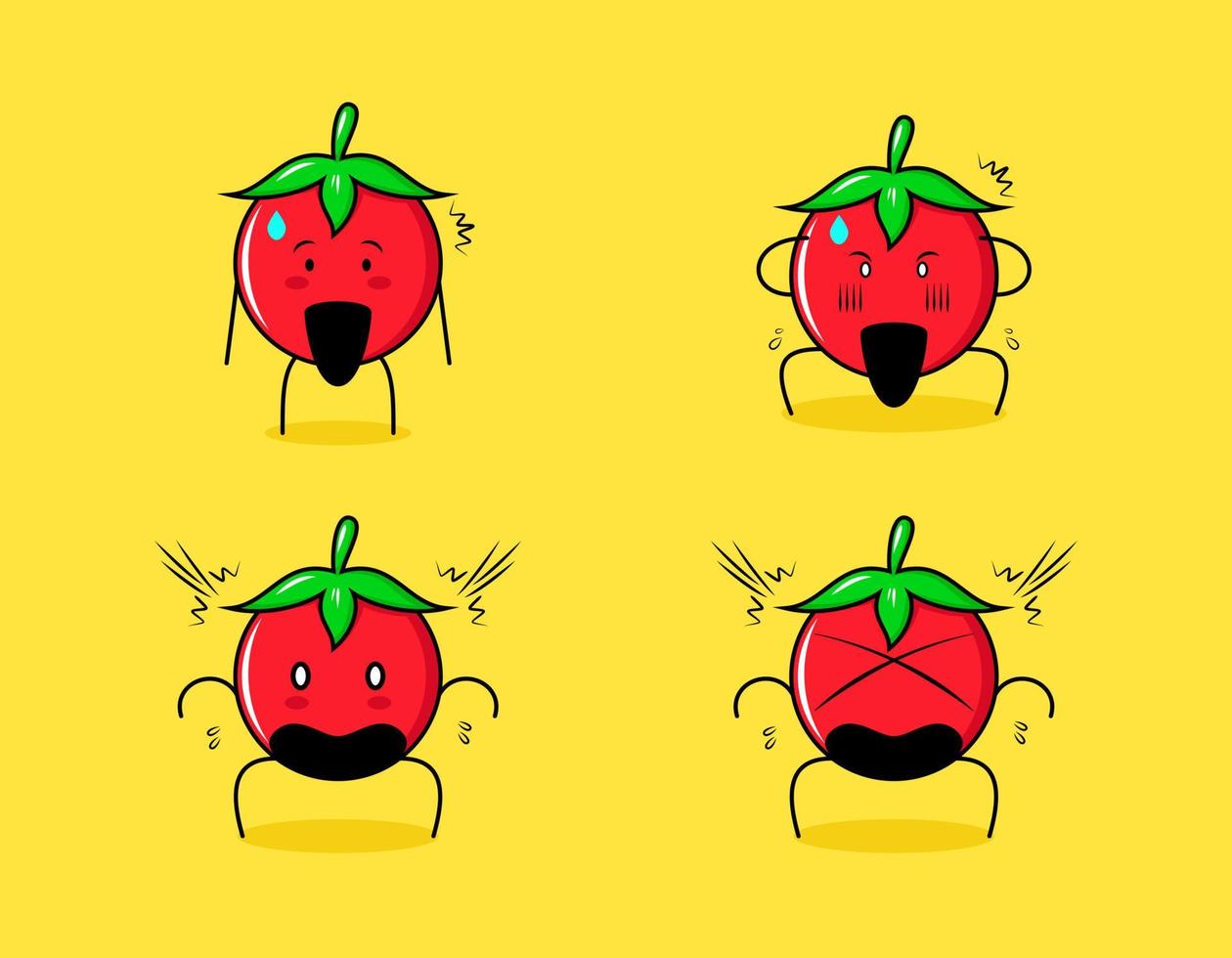 verzameling van schattige tomaten stripfiguur met geschokte uitdrukkingen. geschikt voor emoticon, logo, symbool en mascotte vector