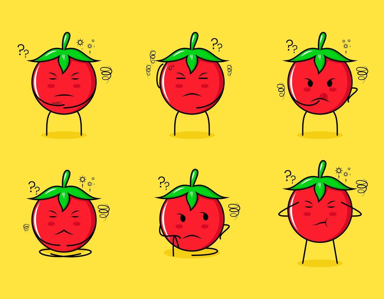 verzameling van schattige tomaten stripfiguur met denkende uitdrukkingen. geschikt voor emoticon, logo, symbool en mascotte vector