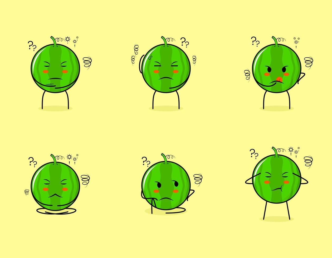 verzameling van schattige watermeloen stripfiguur met denkende uitdrukkingen. geschikt voor emoticon, logo, symbool en mascotte vector