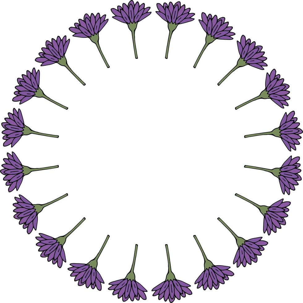 ronde frame met verticale violette bloemen op een witte achtergrond. vector afbeelding.