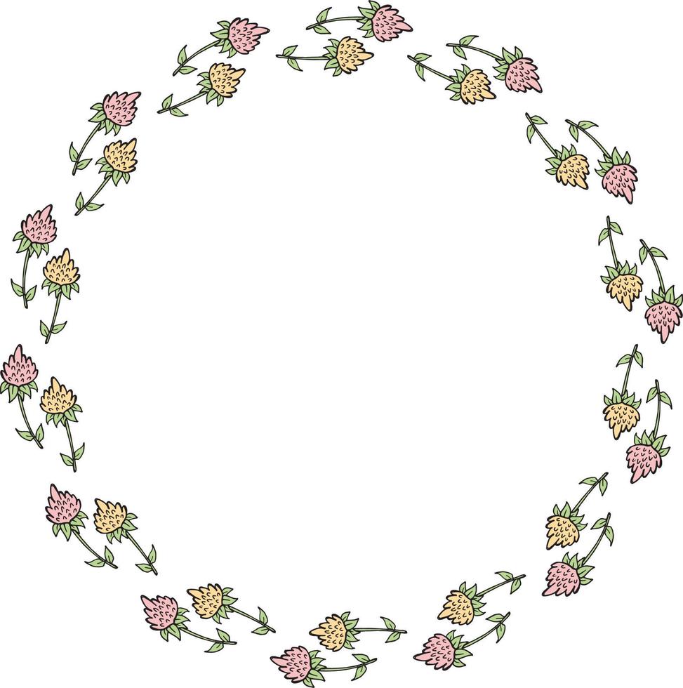 romantisch rond frame met roze en gele bloemkrabbels. bloemen krans op witte achtergrond voor uw ontwerp. vector