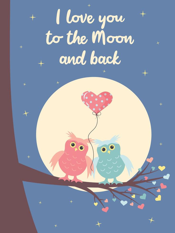 schattige uilen met hartballon zitten op de tak onder de maan. ik hou van je tot de maan en terug citaat. vector