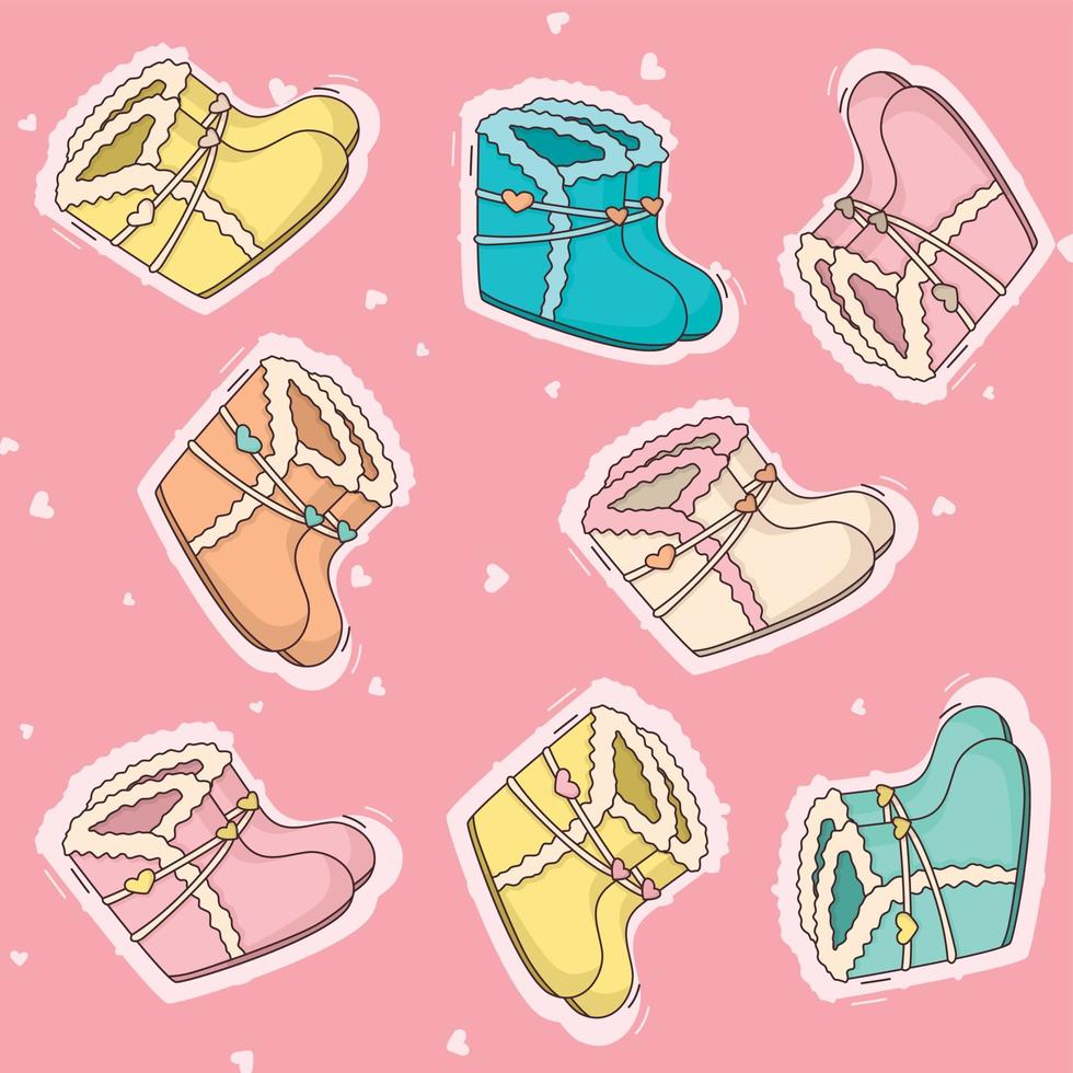 patroon van cartoon kinderschoenen of laarzen in verschillende kleuren vector