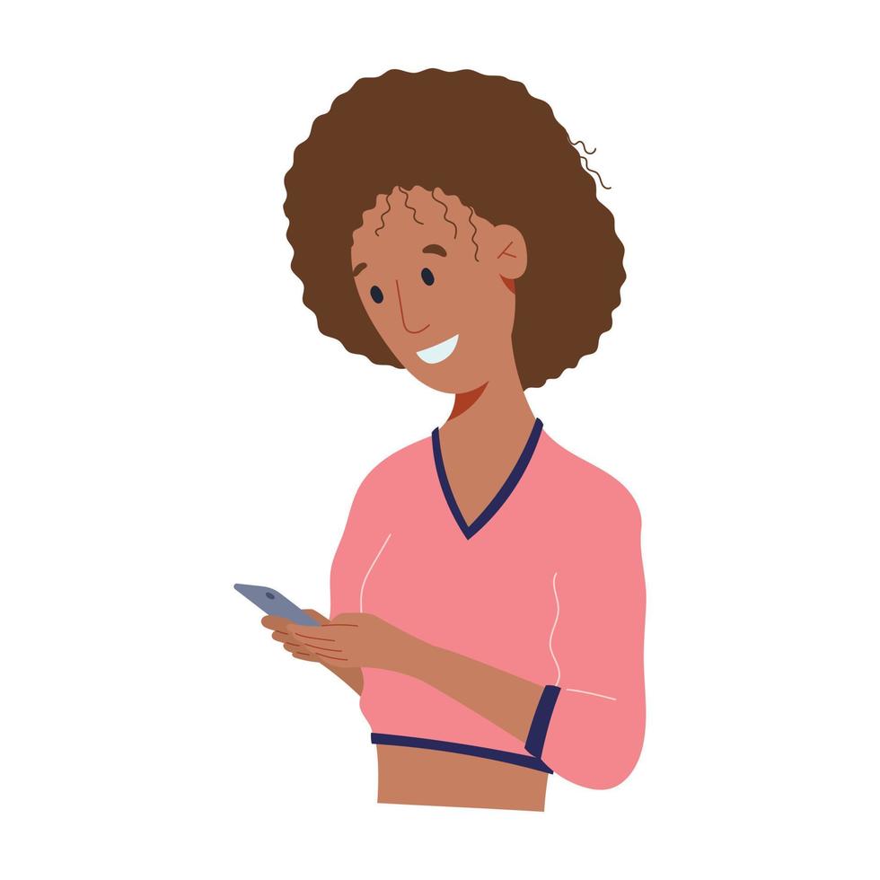 vectorillustratie van een jonge lachende Afro-Amerikaanse vrouw met een telefoon in haar hand. een persoon gebruikt een modern apparaat voor communicatie en chatten. vector