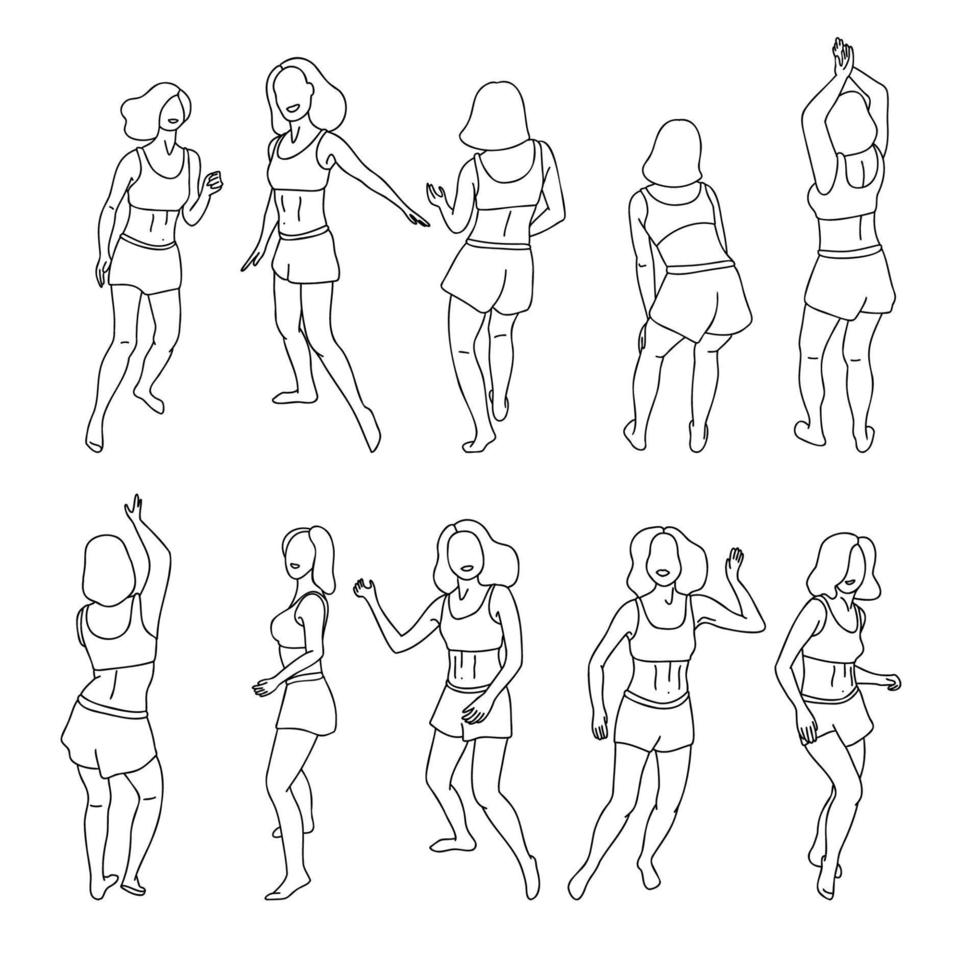 set schets inkt hand getrokken dansende dames in verschillende poses. doodle collectie van vrouwelijke dansers contouren, disco party karakters. vectorillustratie van bewegende lichamen vector