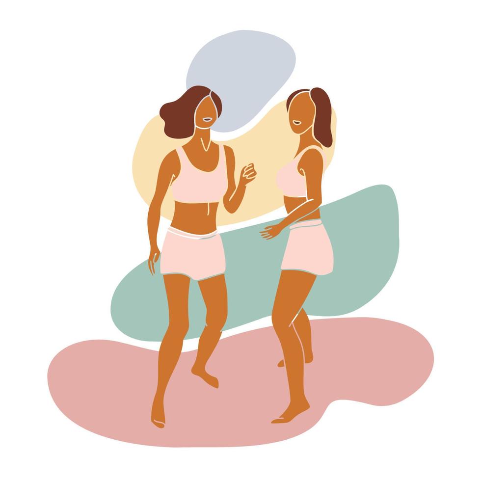 paar tweelingen gezichtsloze vrouwen in zomerkleren dansen op evenwicht stenen abstracte achtergrond, geestelijke gezondheid ontspannen en harmonie concept vectorillustratie vector