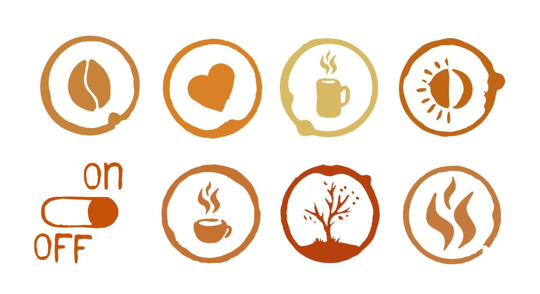 vectorkoffievlekken met kop en natuurbeeld. vuile beker splash acht ring vlek of koffie stempel. illustratie voor café-ontwerp vector