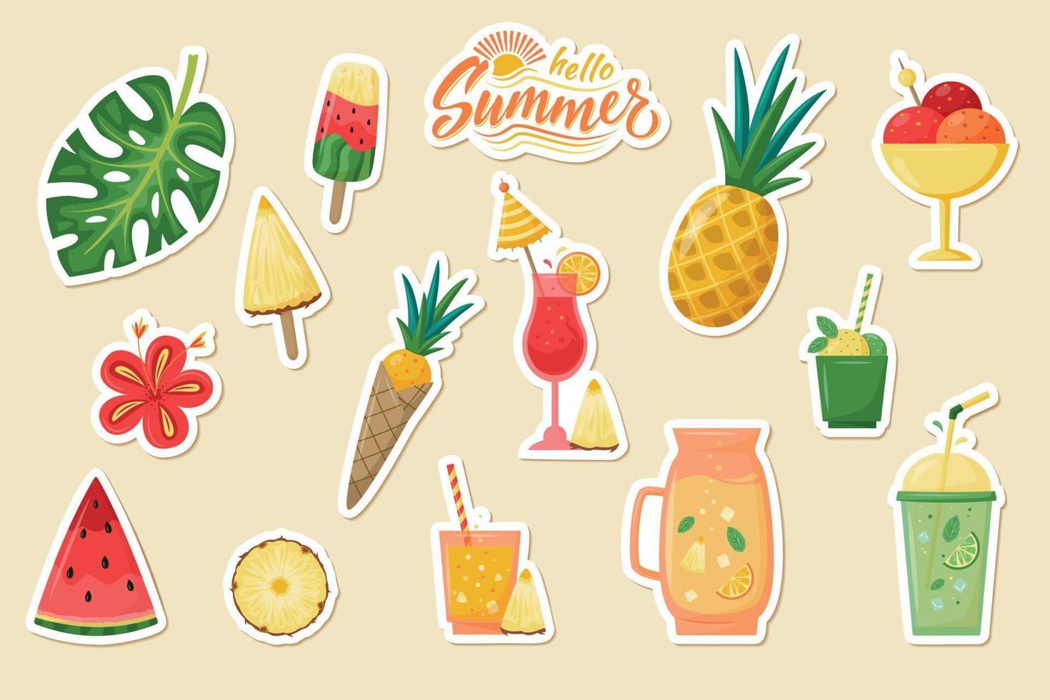 grote set zomerstickers - fruit, drankjes, ijs, bladeren vector