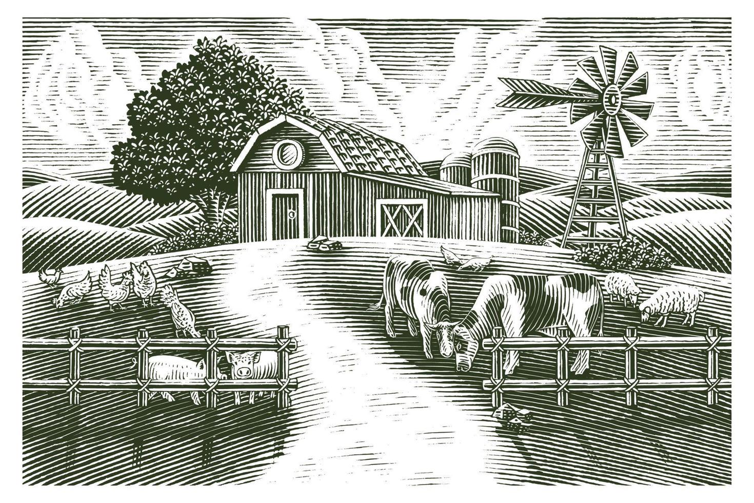 landschap van dierenboerderij hand tekenen vintage gravure stijl zwart-wit illustraties geïsoleerd op een witte achtergrond vector