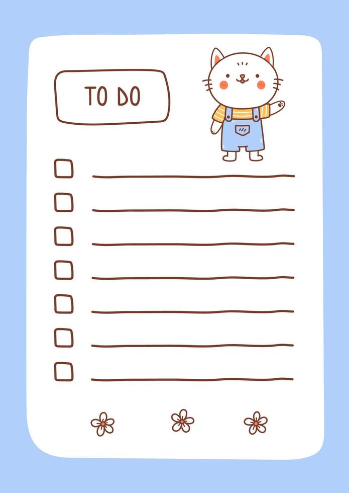 takenlijstsjabloon ingericht door kawaii-kat. schattig ontwerp van schema, dagelijkse planner of checklist. vector handgetekende illustratie. perfect voor planning, notities en zelforganisatie.