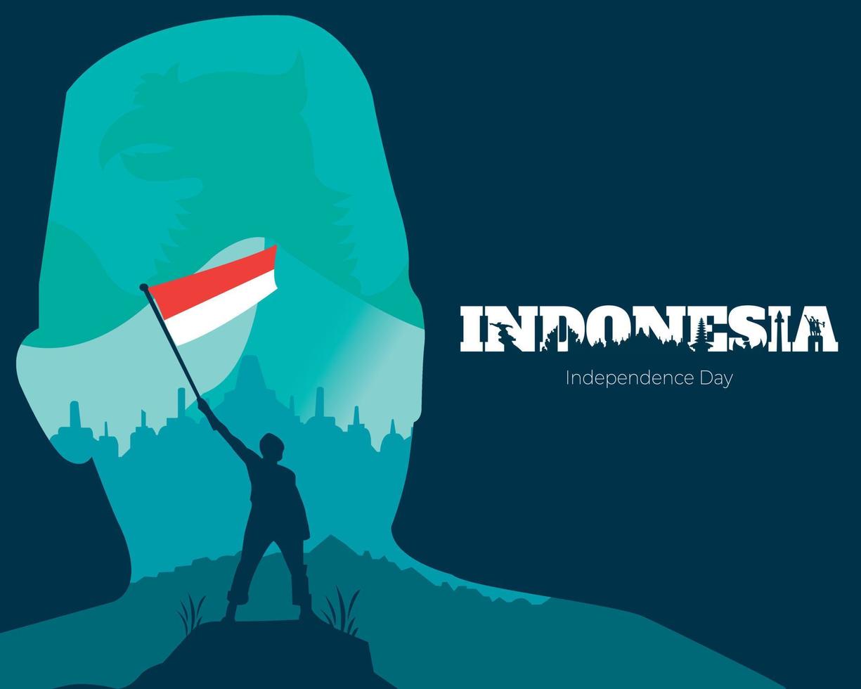 onafhankelijkheidsdag indonesië met soekarno-silhouet en landschap vector