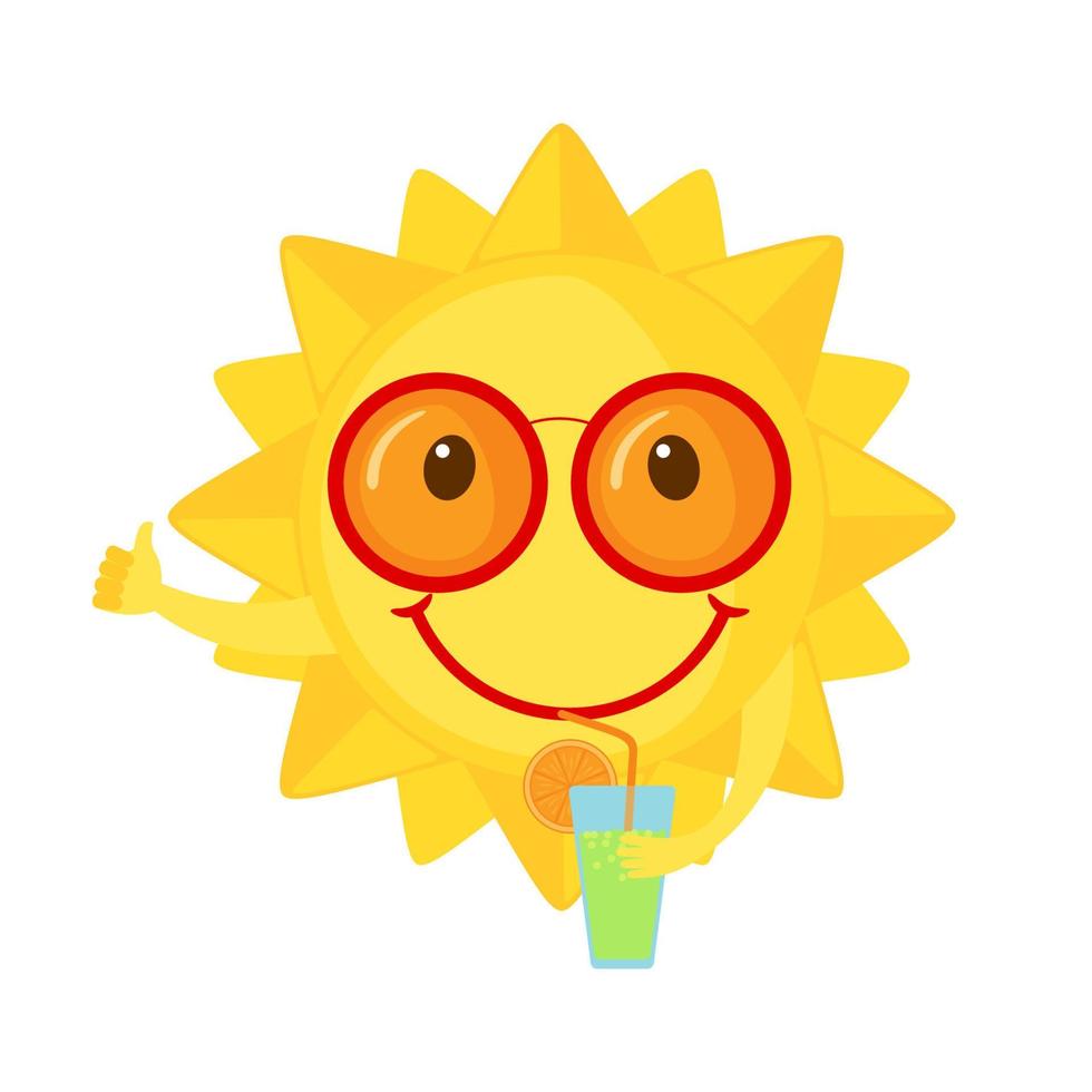 grappige zon pictogram met cocktail in vlakke stijl geïsoleerd op een witte achtergrond. lachende cartoon zon. vectorillustratie. vector