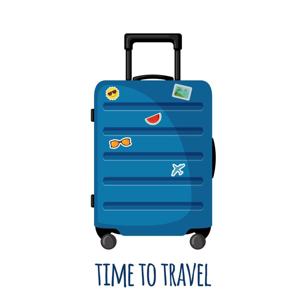 reiskoffer met wielen en stickers in vlakke stijl geïsoleerd op een witte achtergrond. blauw bagagepictogram voor reis, toerisme, reis of zomervakantie. vector