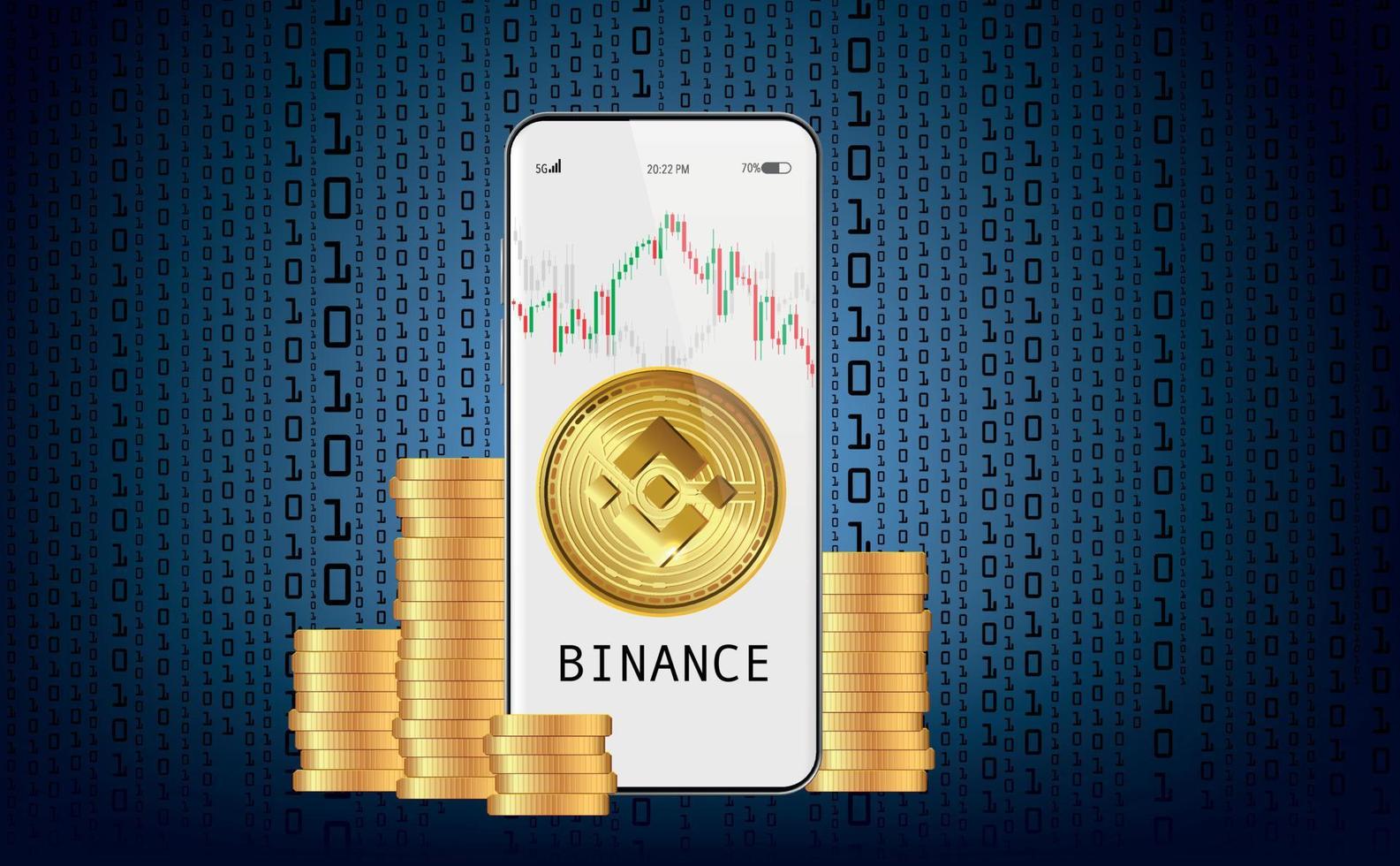 handel binance cryptocurrency, bnb op mobiele apparaten met cryptocurrency-systeem. grafieken van groei en vallen op de achtergrond van de binaire code. vector