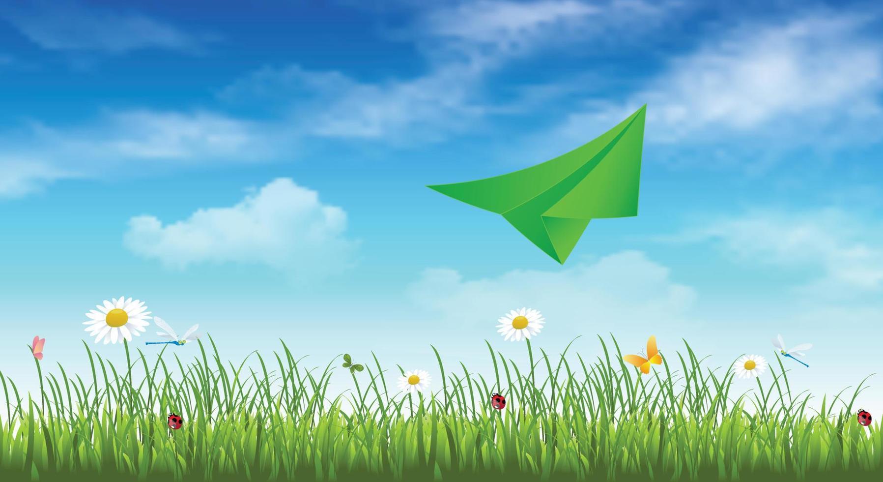 Groenboek vliegtuig op een blauwe hemelachtergrond met wolken, groen gras en bloemen. lente achtergrond. reisbanner. ruimte kopiëren. vector illustratie