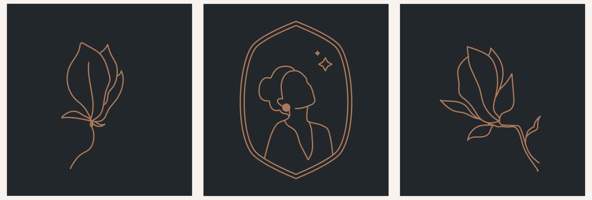 lineaire set sjabloon logo symbolen die mooie vrouw en magnolia op een donkere achtergrond vector