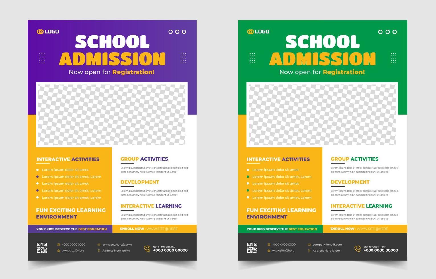 school toelating flyer ontwerp. terug naar school flyer ontwerpset. terug naar school toelating promotie flyer. school toelating zakelijke flyer sjabloon met groene, paarse en gele kleur. vector