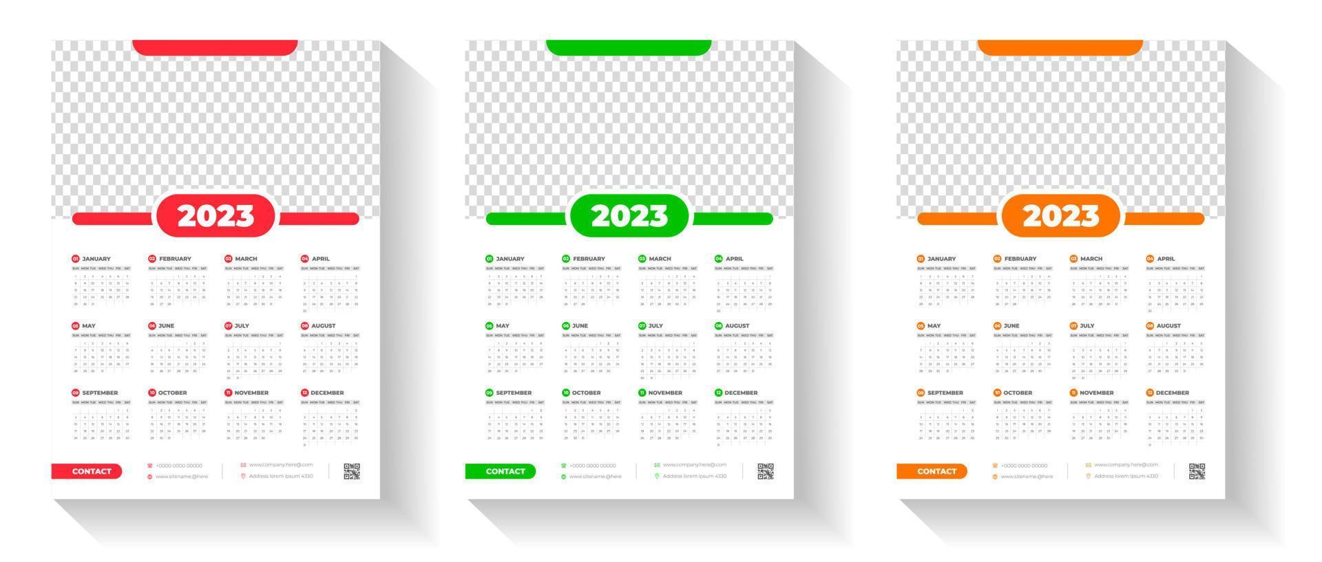 2023 wandkalender ontwerpsjabloon met rode, groene en oranje kleur vector