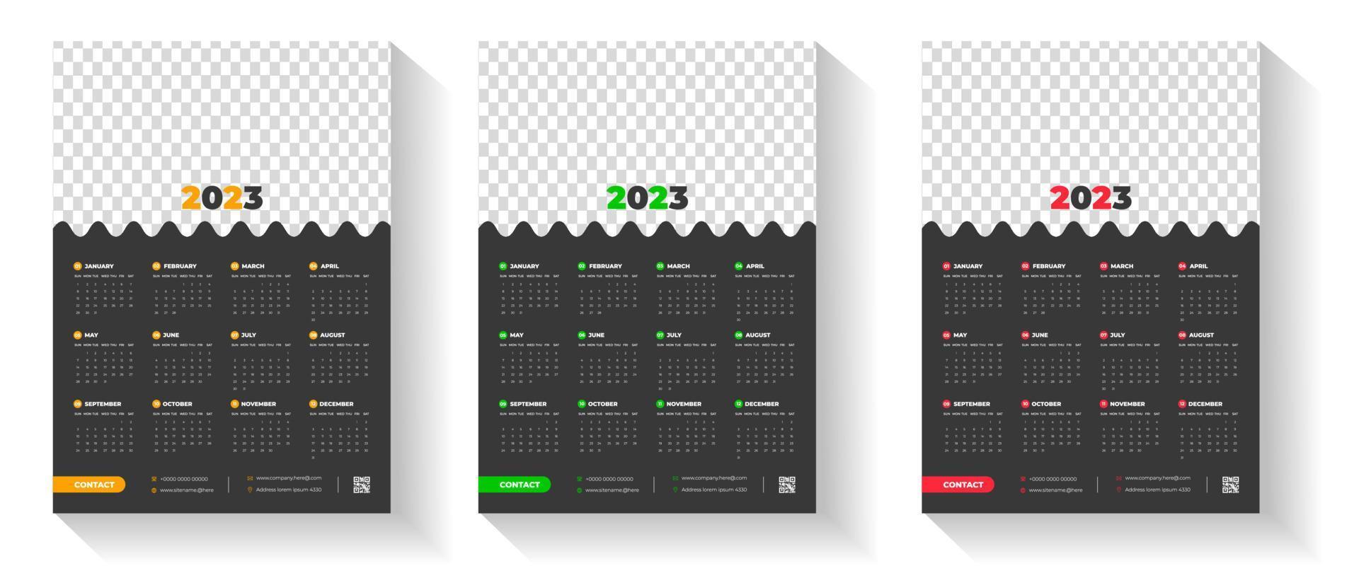 2023 wandkalender ontwerpsjabloon met rode, groene en oranje kleur vector