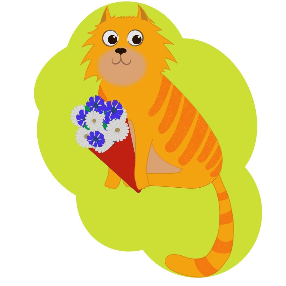 een rood gestreepte kat met een boeket bloemen. vectorillustratie. vector