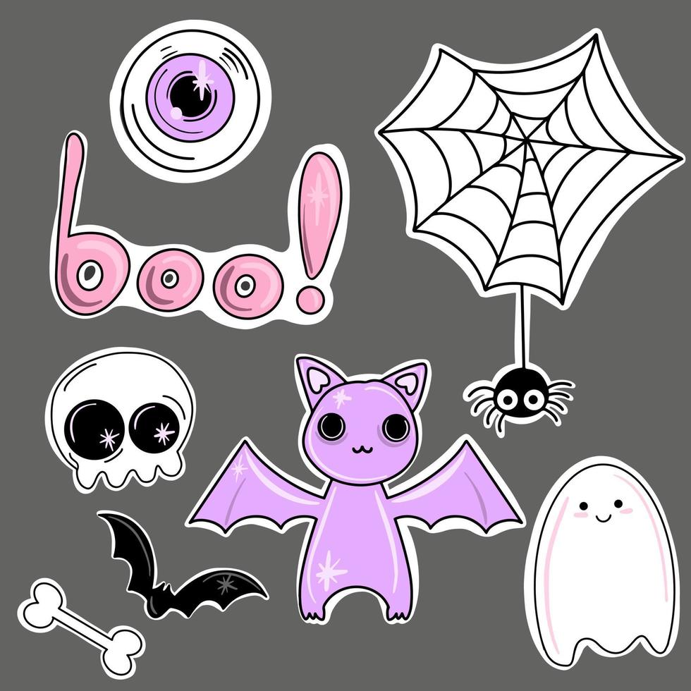 vector set griezelige stickers voor halloween. schattige spin, web, geest, schedel, bot. illustraties getekend in kinderstijl geïsoleerd op een grijze achtergrond.