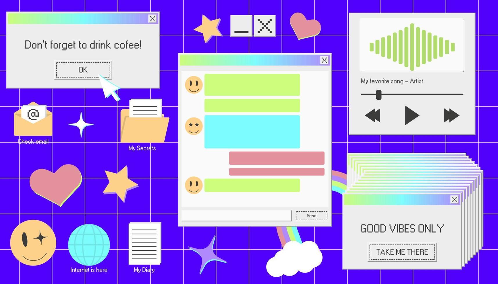 oude pc-venster jaren 90. vector ui-element met vaporwave. retro dialooginterface en muziekspelersjabloon. gui-map en tekstdocumentpictogram