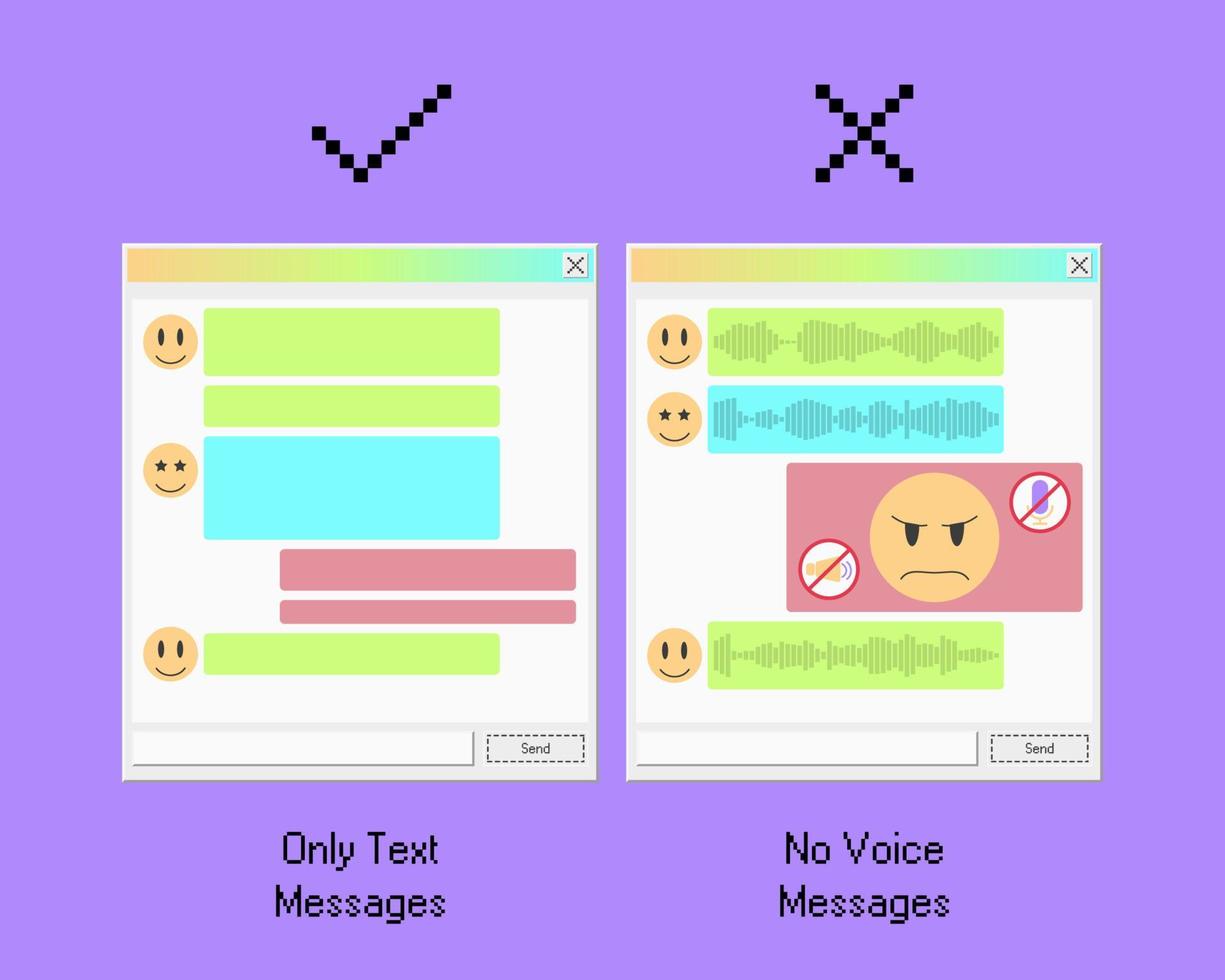 alsjeblieft, geen spraakberichten - het maakt me boos. fobie voor voicechat. sociale angststoornis illustratie met retro app-interface. stille modus in mobiel gesprek vector