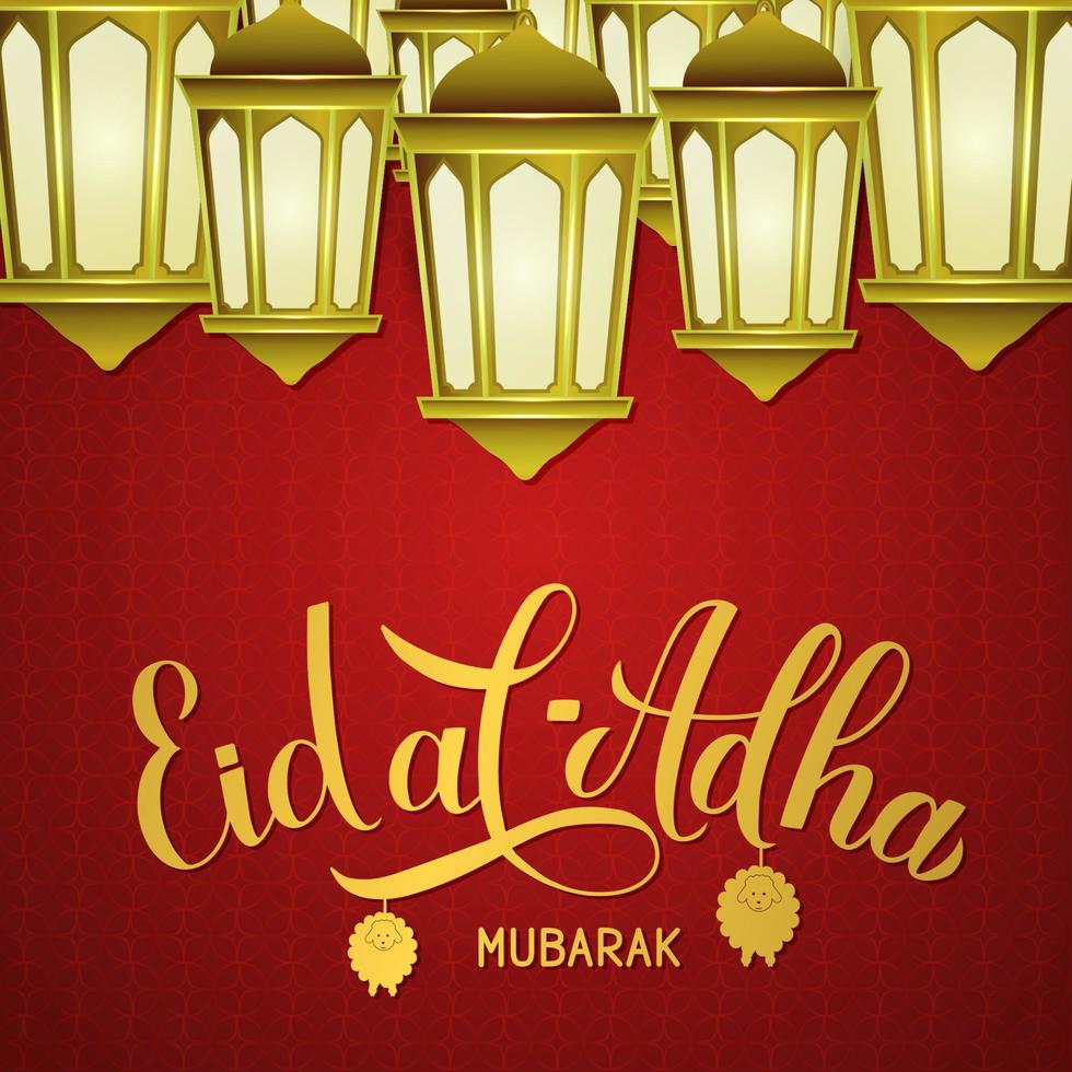 eid al-adha kalligrafie belettering en lantaarns op rode Arabische patroon achtergrond. kurban bayrami typografie poster. islamitisch traditioneel festival. vector sjabloon voor banner, wenskaart, flyer, enz.