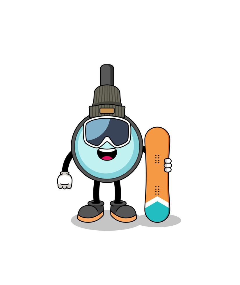 mascotte cartoon van vergrootglas snowboard speler vector