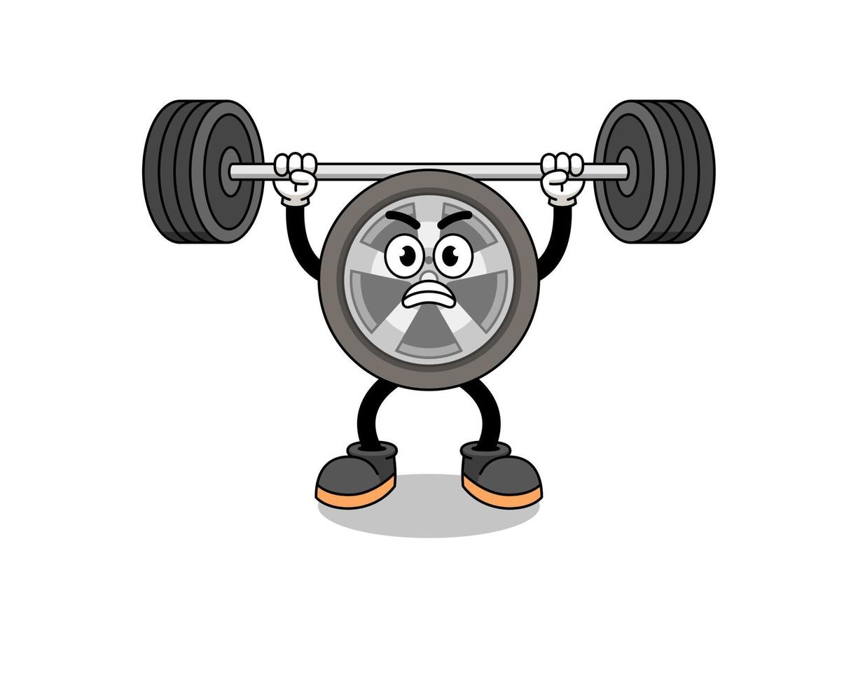 auto wiel mascotte cartoon optillen van een barbell vector