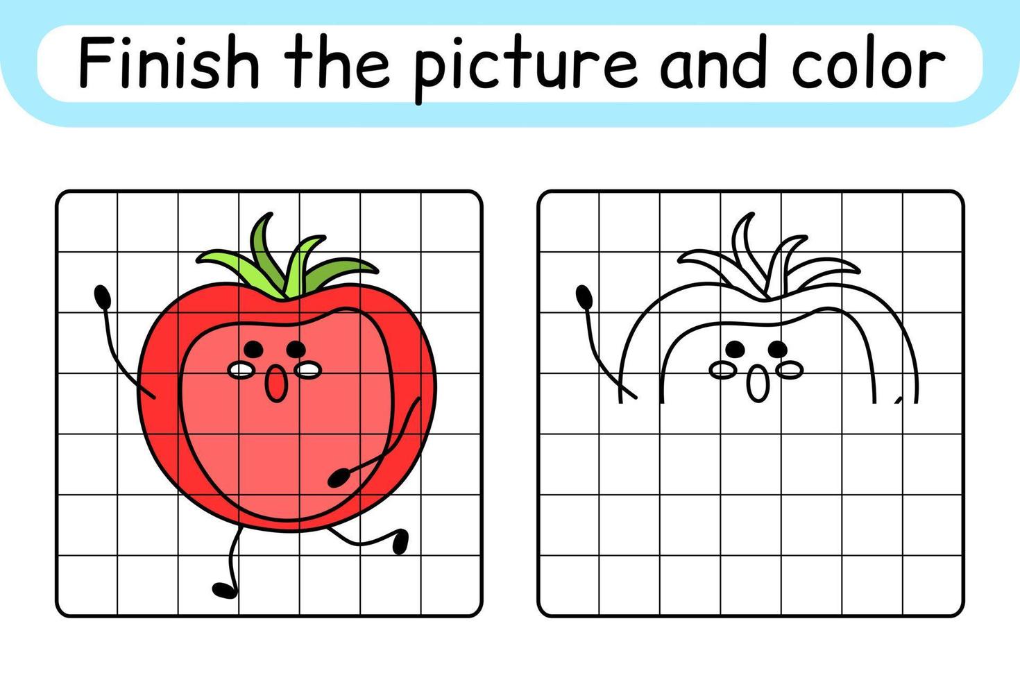 maak het plaatje tomaat compleet. kopieer de afbeelding en kleur. maak het beeld af. kleurboek. educatief tekenoefenspel voor kinderen vector