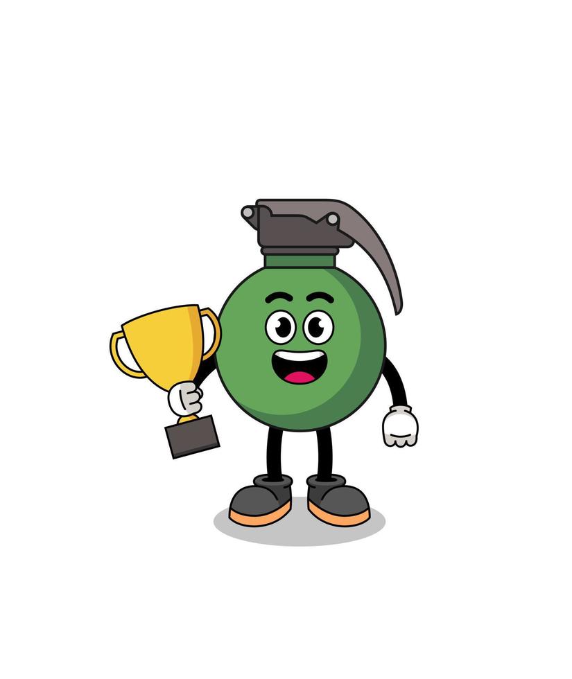 cartoon mascotte van granaat met een trofee vector