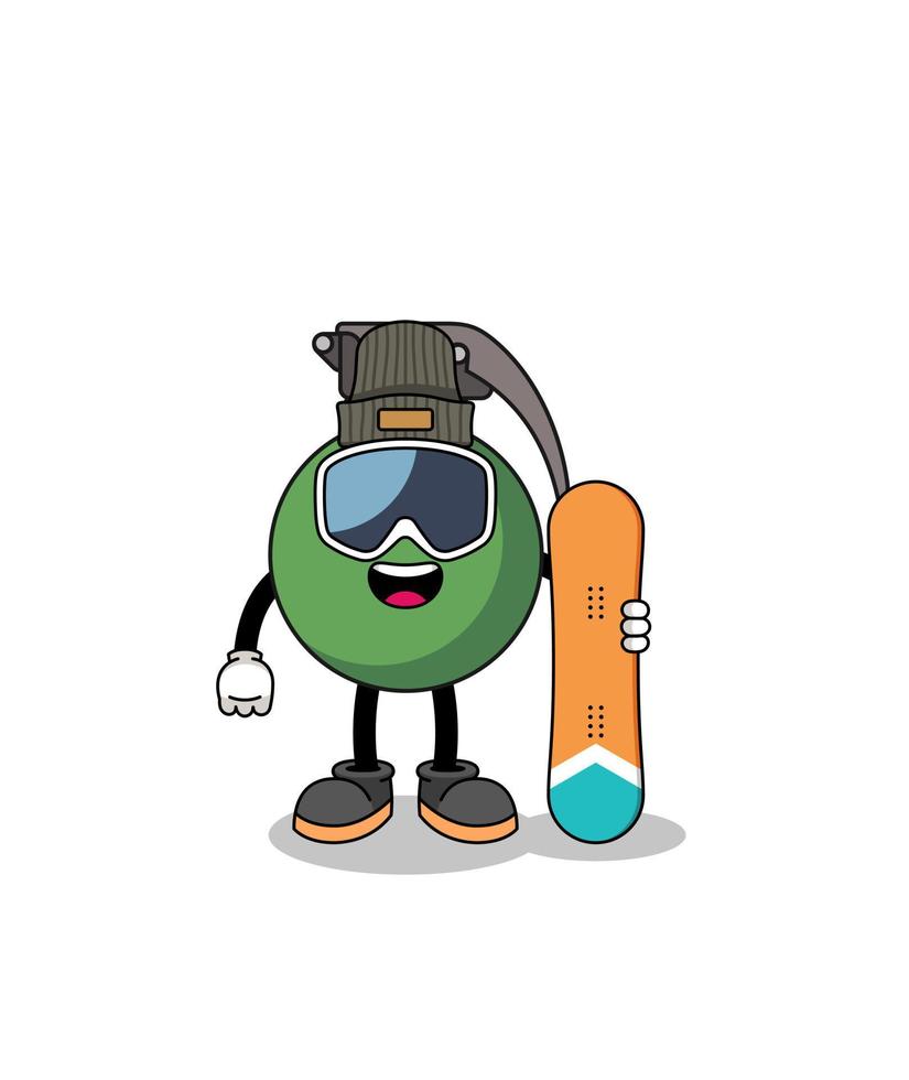 mascotte cartoon van granaat snowboard speler vector