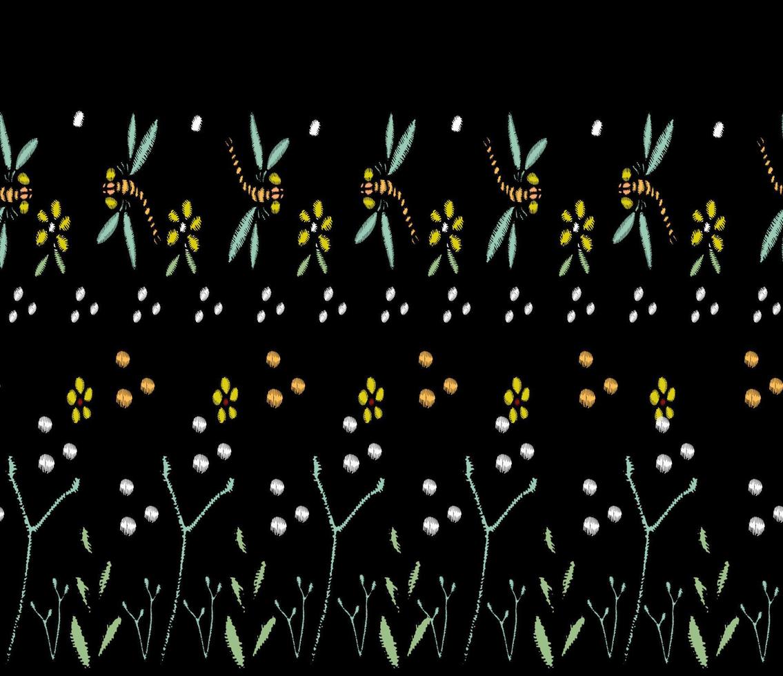 borduursteken met rozen, weidebloemen, libellen, vlinders, kevers. hand getekend mode vectorillustratie. bloemen rand. op zwarte achtergrond. voor stof, textieldecoratie. vector