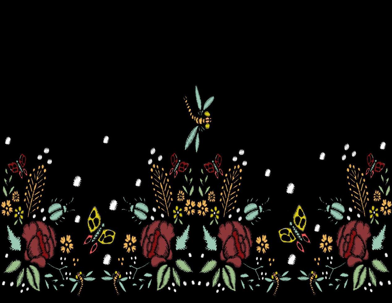borduursteken met rozen, weidebloemen, libellen, vlinders, kevers. hand getekend mode vectorillustratie. bloemen rand. op zwarte achtergrond. voor stof, textieldecoratie. vector