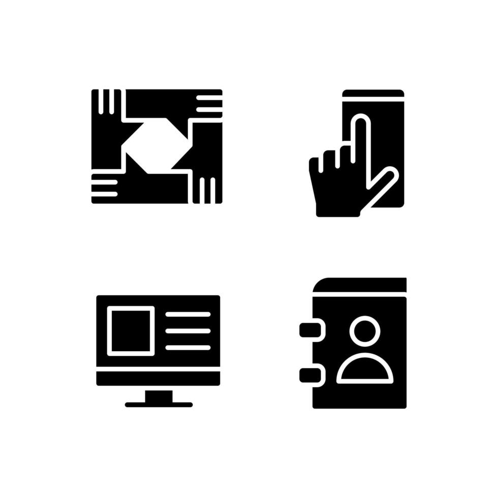 bedrijfsprocessen zwarte glyph pictogrammen instellen op witruimte. digitale technologie werken. samenwerking en organisatie. silhouet symbolen. stevig pictogrampakket. vector geïsoleerde illustratie