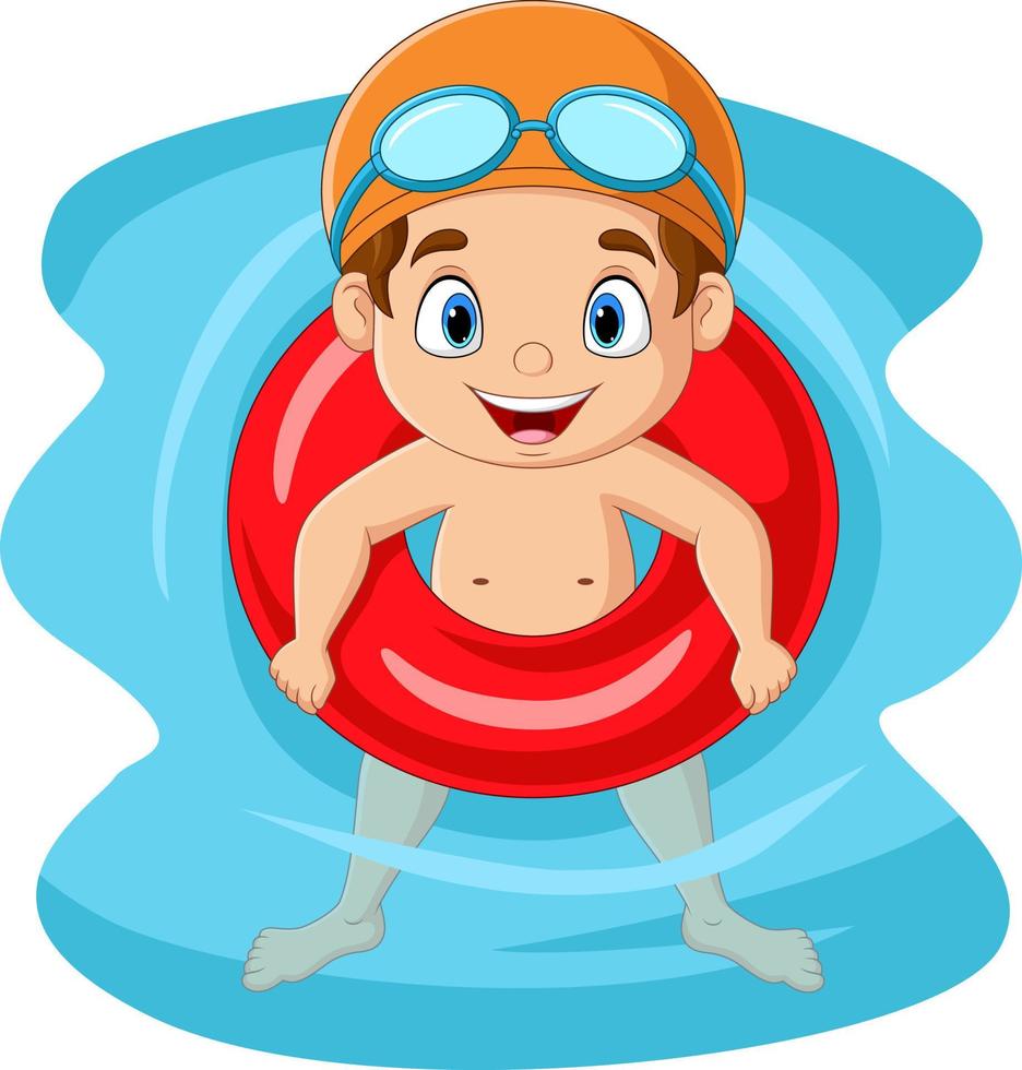 cartoon kleine jongen drijvend met opblaasbare ring vector