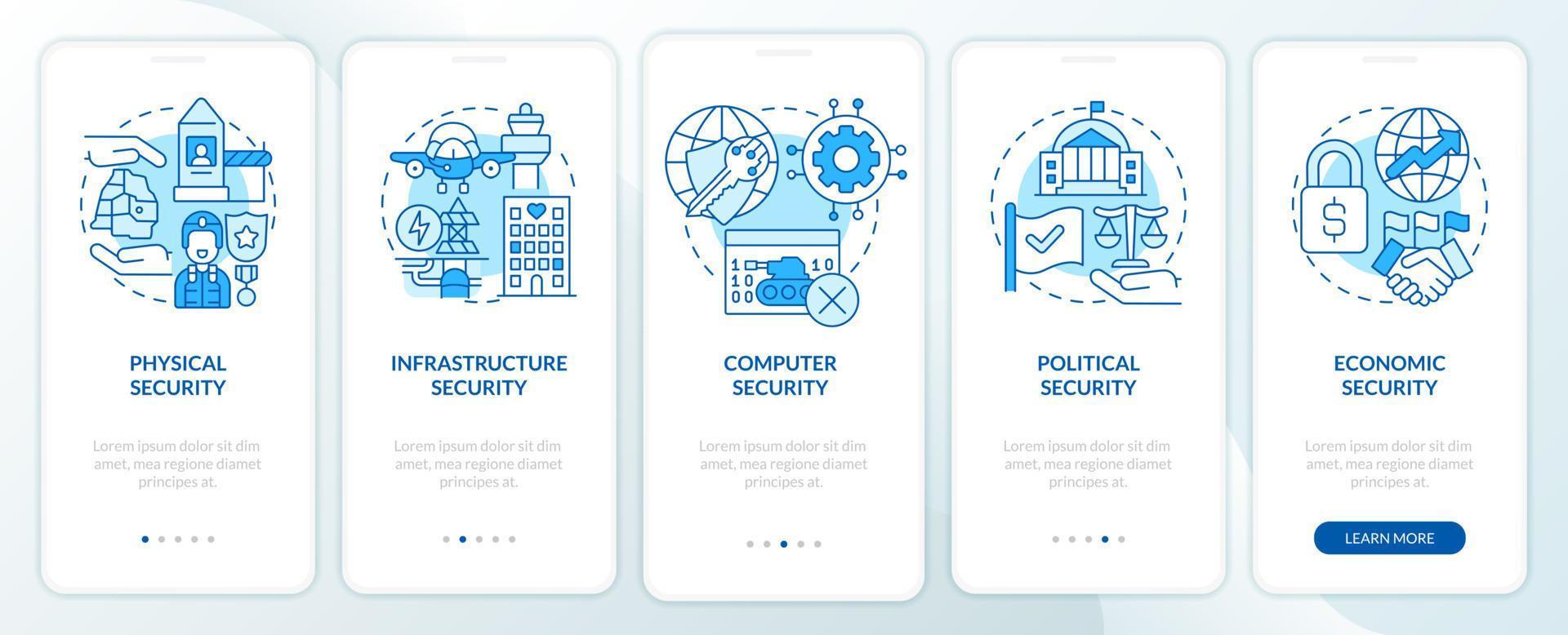 afmetingen van het blauwe onboarding mobiele app-scherm van de nationale veiligheid. walkthrough 5 stappen grafische instructiepagina's met lineaire concepten. ui, ux, gui-sjabloon. vector