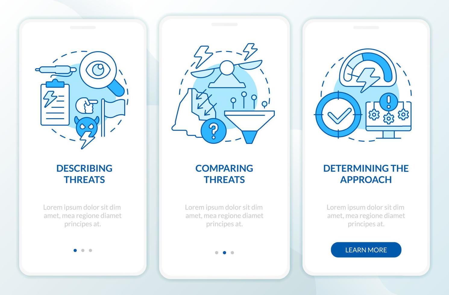 omgaan met nationale veiligheidsbedreigingen blauw onboarding mobiel app-scherm. walkthrough 3 stappen grafische instructiepagina's met lineaire concepten. ui, ux, gui-sjabloon. vector