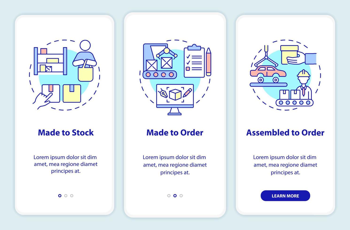 soorten producten onboarding mobiele app scherm. productiebedrijf walkthrough 3 stappen grafische instructiepagina's met lineaire concepten. ui, ux, gui-sjabloon. vector