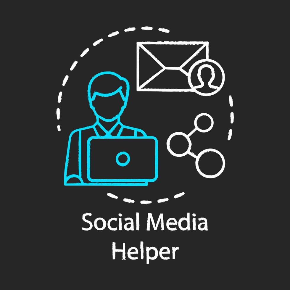 social media helper krijt icoon. gebruikersondersteuning operator, adviseur. klantenservice. smm manager, digitale marketeer. sociaal netwerk. media netwerk. geïsoleerde vector schoolbordillustratie