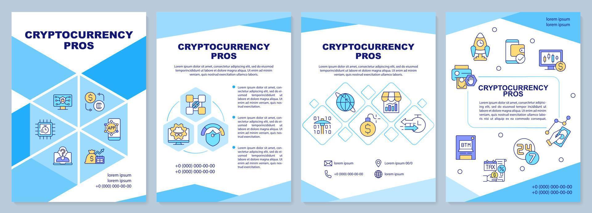 cryptocurrency pro's blauwe brochure sjabloon. voordelen van digitale valuta. folderontwerp met lineaire pictogrammen. 4 vectorlay-outs voor presentatie, jaarverslagen vector